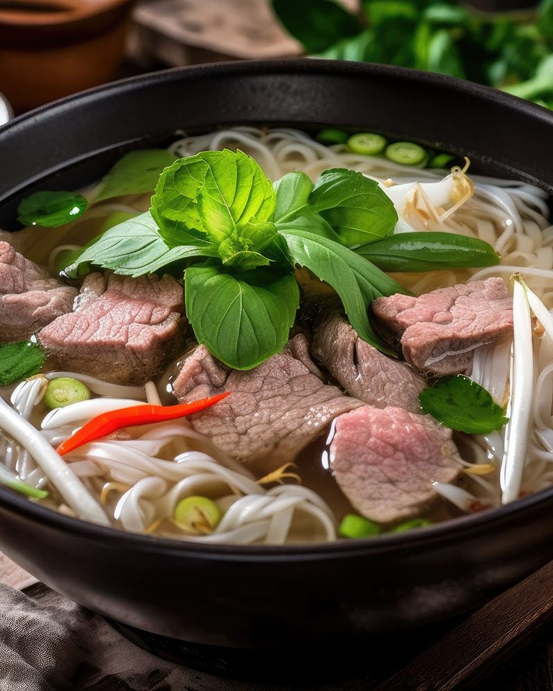 vietnamese beef pho bo soup in bowl on table top with spring rolls and appetizers. Generative AI
