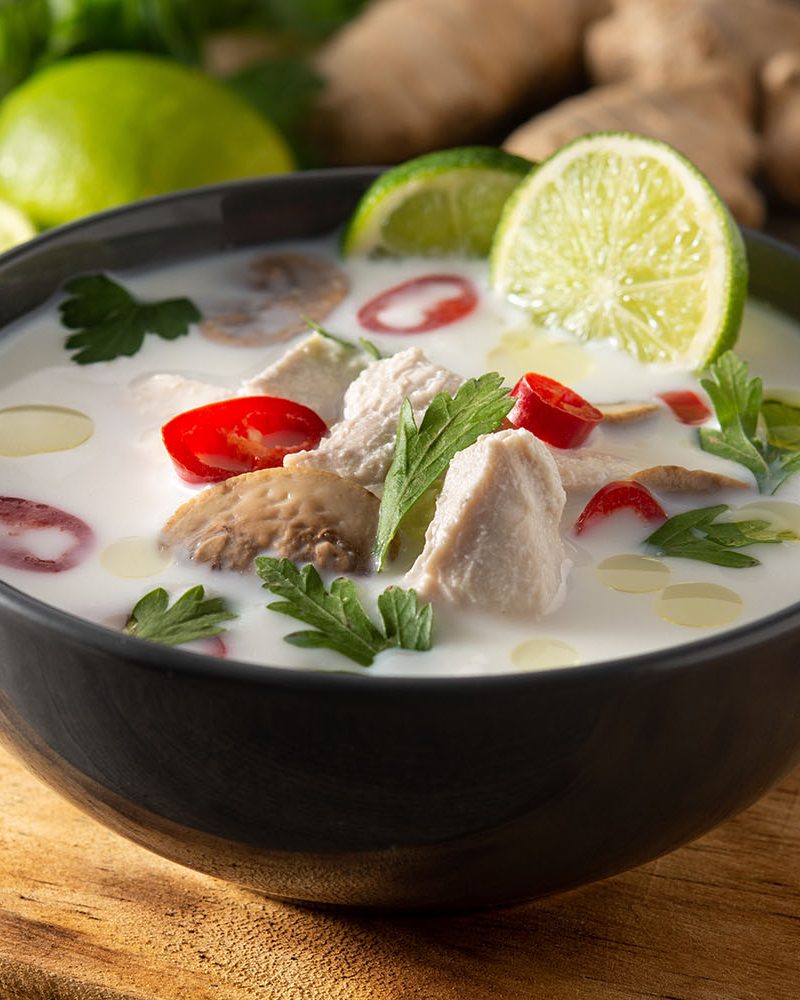 Traditional Thai food Tom Kha Gai in bowl
