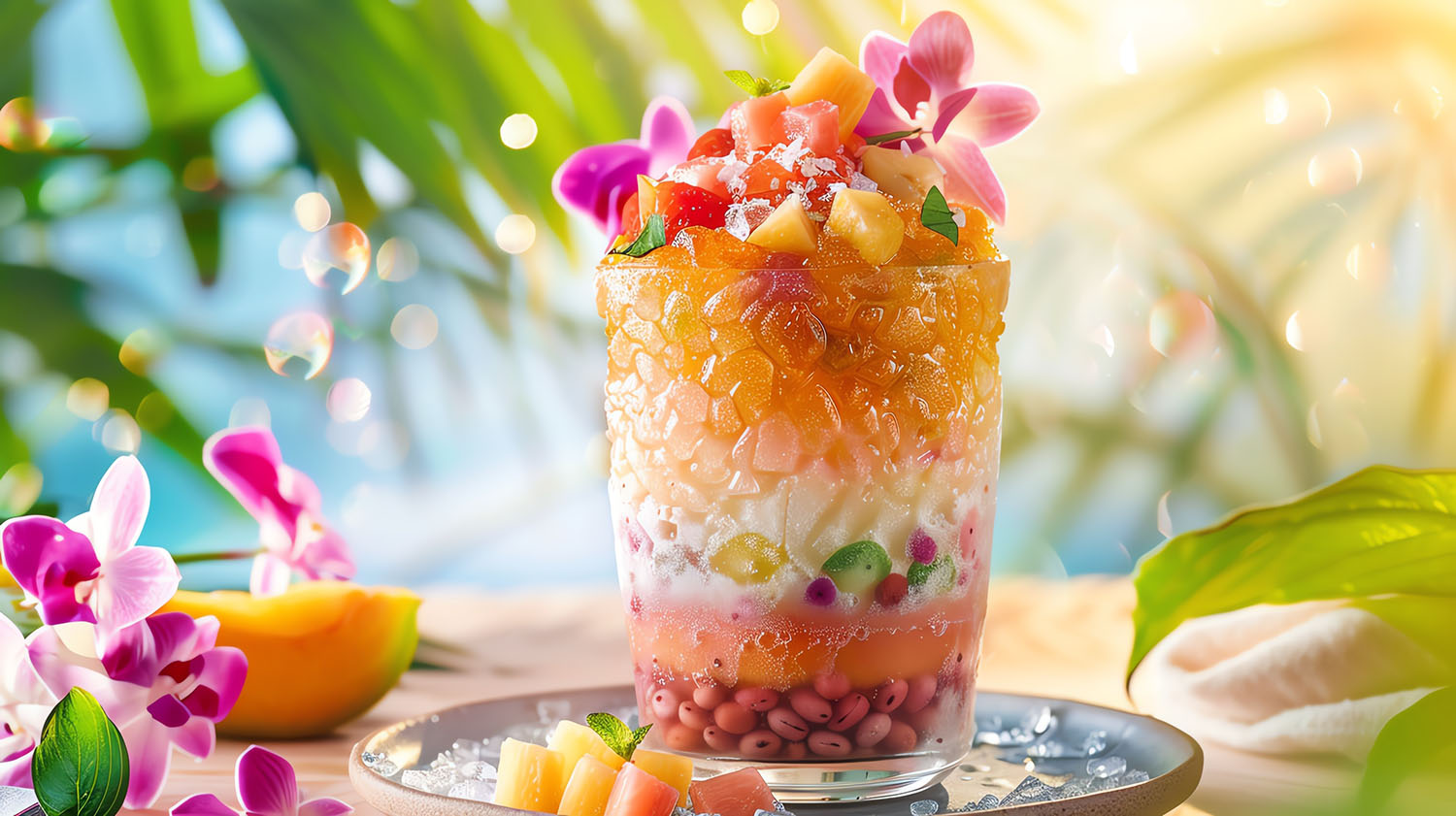 A vibrant shot of Filipino halohalo, with colorful layers of shaved ice, sweet beans, fruits, and leche flan, set against a bright, tropical background with natural lighting