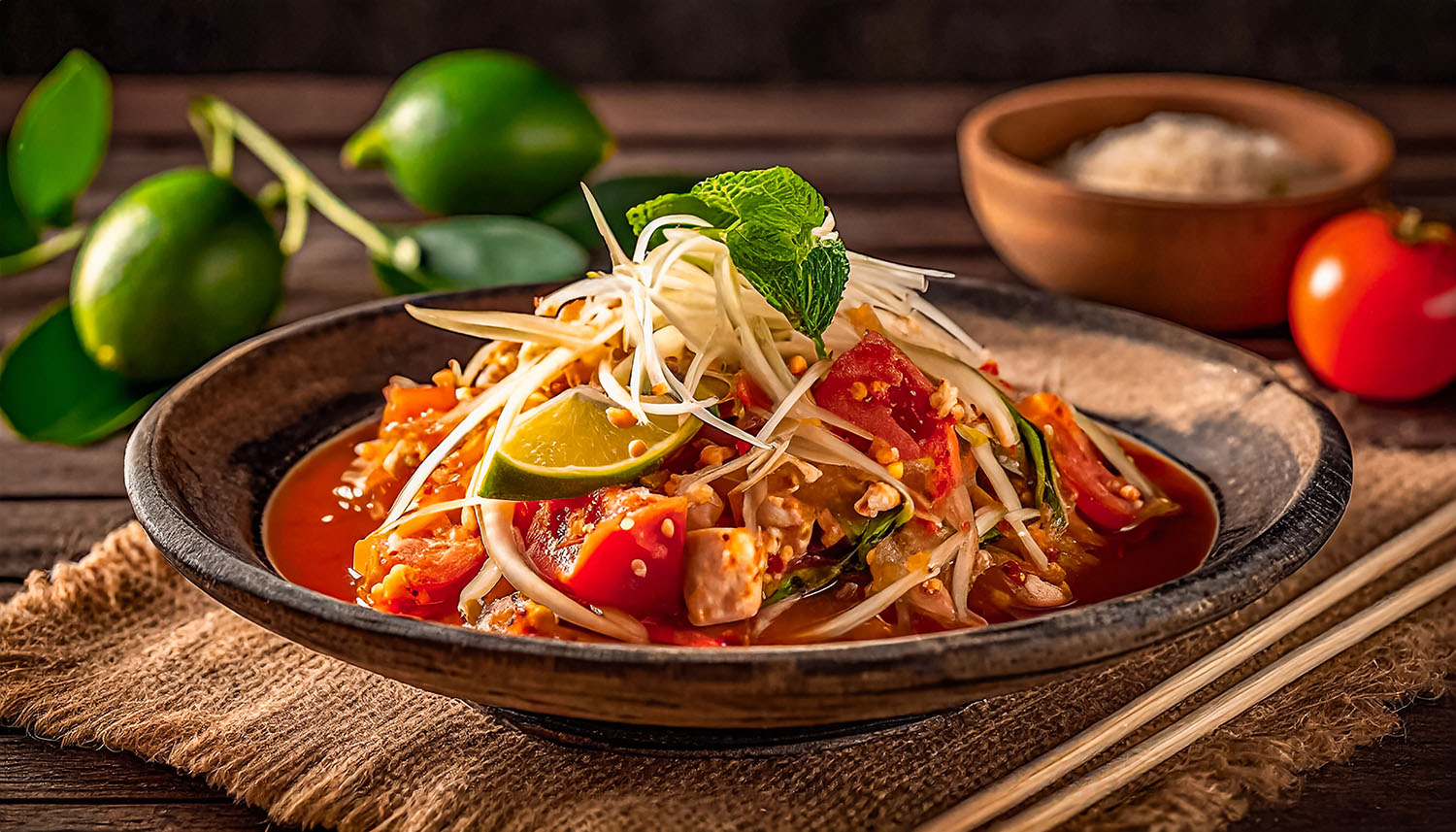 close up view of papaya salad or Som tam, traditional Thailand food