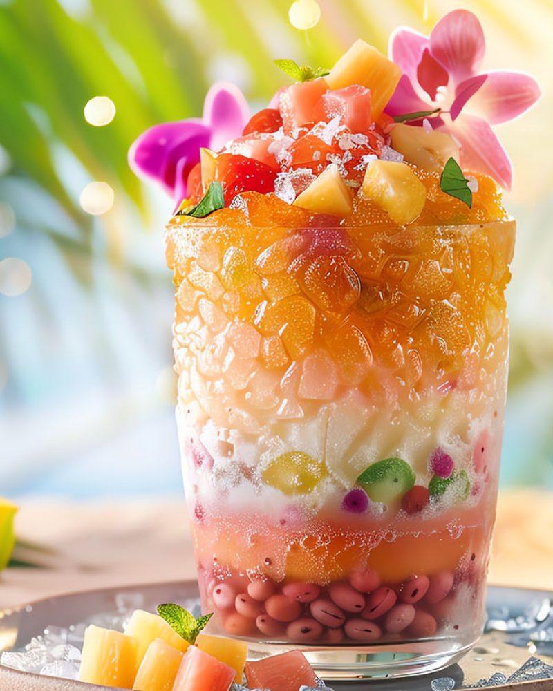 A vibrant shot of Filipino halohalo, with colorful layers of shaved ice, sweet beans, fruits, and leche flan, set against a bright, tropical background with natural lighting