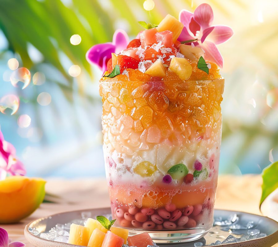 A vibrant shot of Filipino halohalo, with colorful layers of shaved ice, sweet beans, fruits, and leche flan, set against a bright, tropical background with natural lighting
