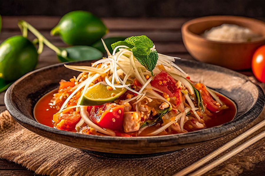 close up view of papaya salad or Som tam, traditional Thailand food